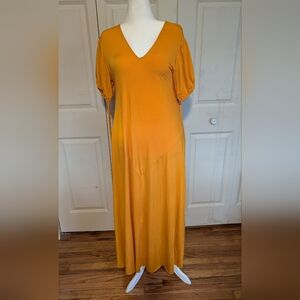Zara Mustard V-Neck Maxi Dress with Puff Sleeves